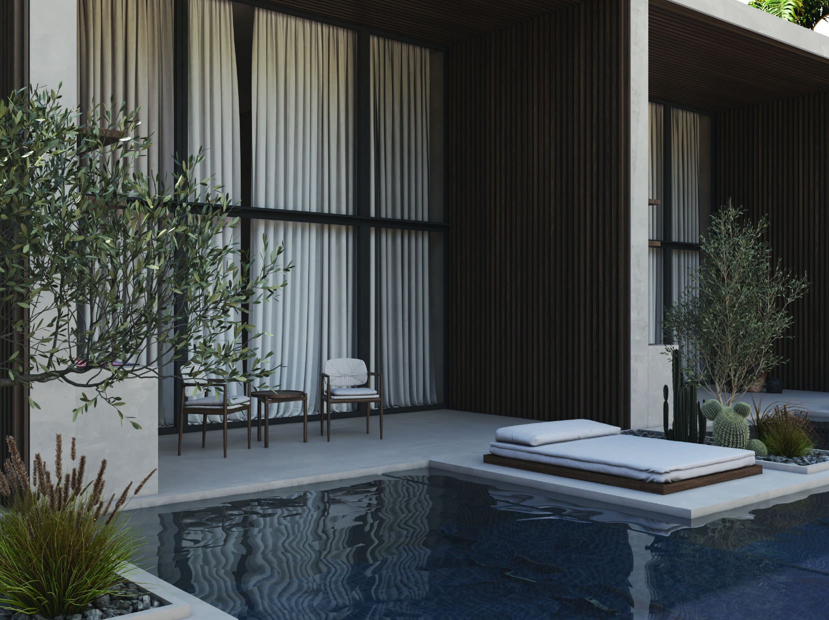 Jarash Resort — cabin terrace and pool surrounded by olive trees